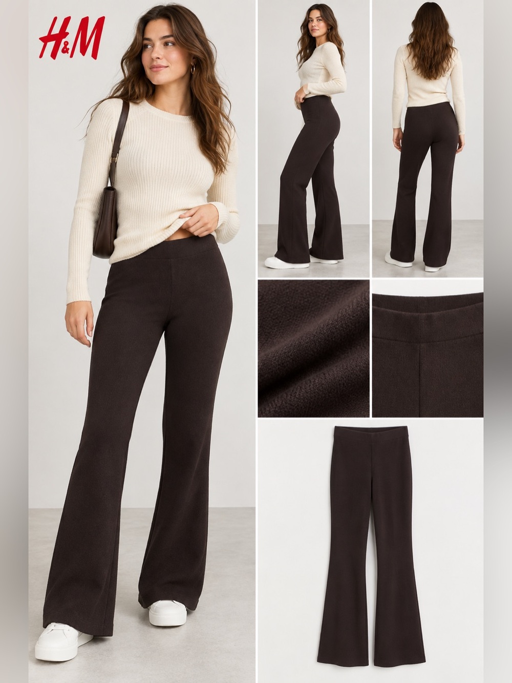 H&M Dark Brown High-Rise Flared Knit Pants